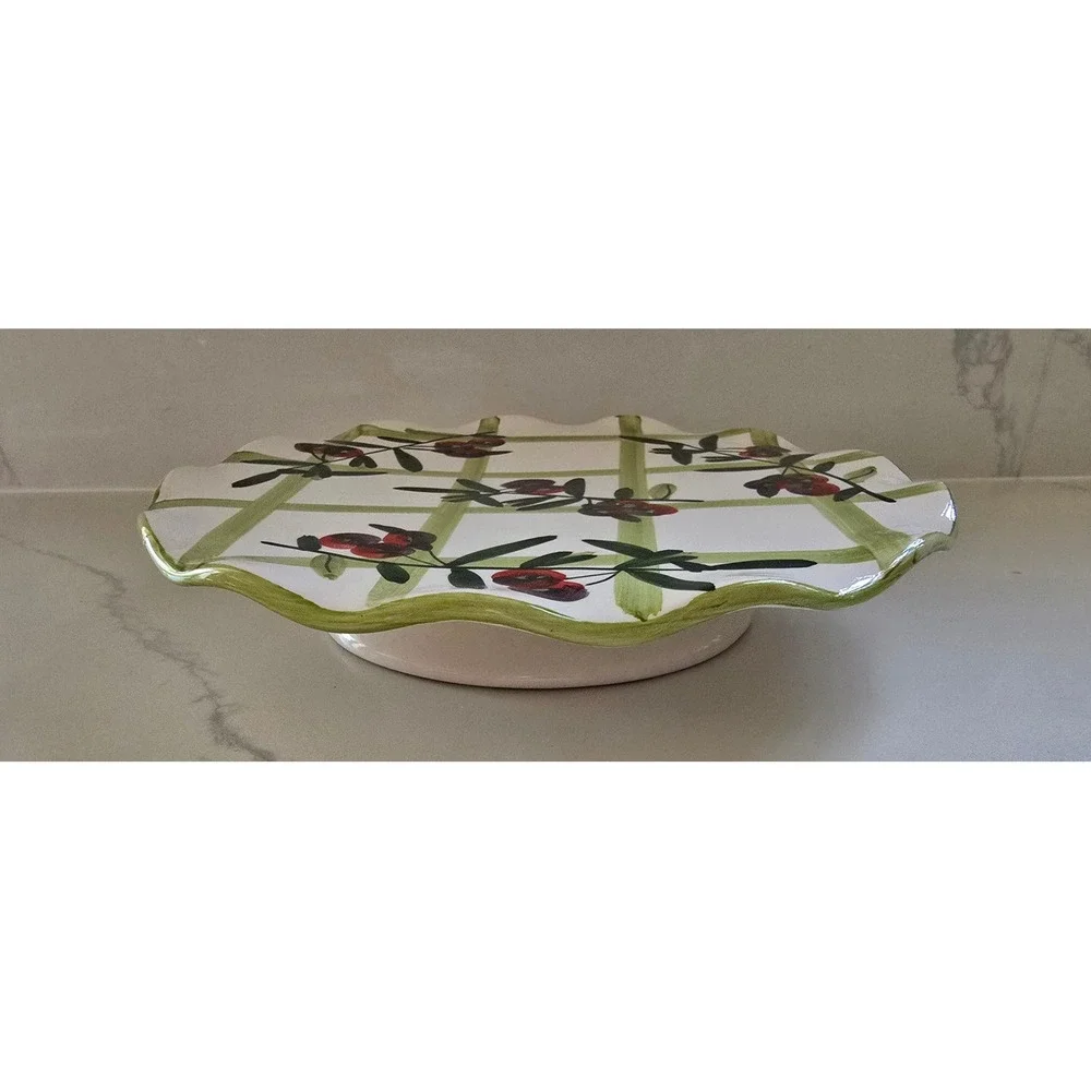 Hand Painted Ceramic Cake Stand Olive Branch Lattice Scalloped Pedestal Server